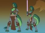  2022 anthro armor bottomwear breasts brown_eyes cleavage clothed clothing female green_body green_hair green_scales hair hand_on_hip lightsaber lizard loincloth looking_at_viewer melee_weapon midriff reptile scales scalie solo star_wars toughset varactyl weapon 