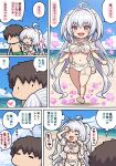  1boy 1girl ahoge bangs bare_shoulders beach bikini breasts brown_hair chibi cleavage closed_eyes fate/grand_order fate_(series) frilled_bikini frills fujimaru_ritsuka_(male) highres lady_avalon_(fate) lady_avalon_(second_ascension)_(fate) long_hair merlin_(fate/prototype) navel open_mouth pononozo red_eyes short_hair smile speech_bubble swimsuit thought_bubble translation_request very_long_hair white_bikini white_hair 
