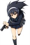  1girl birthday black_hair black_socks blue_dress brown_eyes cosplay dress feet_out_of_frame girls_und_panzer green_ribbon grey_dress gun hair_between_eyes hairband handgun highres holding holding_gun holding_weapon inoue_takina inoue_takina_(cosplay) long_hair looking_at_viewer lycoris_recoil lycoris_uniform neck_ribbon omachi_(slabco) pleated_dress reizei_mako ribbon simple_background socks solo two-tone_dress weapon white_background white_hairband 