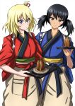  2girls andou_(girls_und_panzer) bangs black_hair blonde_hair blue_eyes blue_kimono bob_cut bow brown_eyes commentary cosplay dark-skinned_female dark_skin girls_und_panzer green_bow highres holding holding_tray inoue_takina inoue_takina_(cosplay) japanese_clothes kimono lycoris_recoil medium_hair multiple_girls nishikigi_chisato nishikigi_chisato_(cosplay) omachi_(slabco) oshida_(girls_und_panzer) red_kimono red_ribbon ribbon short_hair simple_background tray twintails waist_bow waitress white_background yellow_bow 