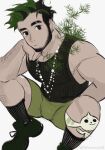  1boy arm_hair bara bare_shoulders beard black_hair black_tank_top bulge character_request digimon digimon_(creature) eyebrow_cut facial_hair food food_on_face green_hair green_shorts head_tilt highres jewelry large_pectorals leg_hair leg_tattoo looking_at_viewer male_focus mature_male multicolored_hair muscular muscular_male necklace original pectorals powerlesssong short_hair shorts sidepec sketch solo squatting striped_tank_top tank_top tattoo thick_eyebrows two-tone_hair unfinished 