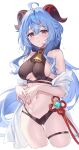  1girl absurdres ahoge ass_visible_through_thighs bangs bare_shoulders bell bikini blue_hair blush breasts clothing_cutout ganyu_(genshin_impact) genshin_impact goat_horns highres horns kuroki_(ma-na-tu) long_hair looking_at_viewer medium_breasts navel neck_bell parted_lips purple_eyes see-through sidelocks solo swimsuit tassel thigh_gap thigh_strap thighs water_drop wet white_background 