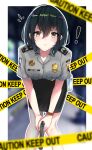  ! 1girl artist_name badge bangs black_hair black_skirt blurry blurry_background blush breasts caution_tape character_name closed_mouth commentary_request grey_shirt gun handgun highres holding holding_gun holding_weapon indonesia looking_at_viewer name_tag original pale_skin patch pencil_skirt police police_badge police_uniform policewoman shirt short_hair short_sleeves silvia_dewi skirt solo tamarin_(sy1755) twitter_username uniform watermark weapon 