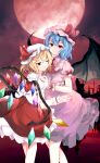  2girls absurdres bat_wings blonde_hair blue_hair bow closed_mouth crystal dress flandre_scarlet full_moon hat hat_ribbon highres mob_cap moon multiple_girls one_eye_closed orchid_(orukido) outdoors pink_headwear pink_shirt pink_skirt red_dress red_eyes red_moon red_nails red_ribbon remilia_scarlet ribbon shirt short_hair short_sleeves siblings sisters skirt smile touhou white_bow white_headwear wings wrist_cuffs 