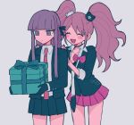  2girls :d bangs bear_hair_ornament black_gloves black_ribbon blunt_bangs blush bow box braid breasts cleavage closed_eyes collarbone collared_shirt cowboy_shot danganronpa:_trigger_happy_havoc danganronpa_(series) enoshima_junko expressionless facing_another gift gift_box gloves green_jacket green_skirt grey_background hair_ornament hair_ribbon hands_up holding holding_gift jacket kirigiri_kyouko large_breasts long_hair miniskirt multiple_girls necktie open_clothes open_jacket pink_eyes pink_hair pink_skirt pisapipi red_bow ribbon shirt side_braid simple_background skirt smile standing twintails 