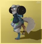  anal anal_vore anthro belly big_belly big_bulge blush bodily_fluids bovid bulge canid canine canis caprine clothing crouching dumbbell duo exercise eyes_closed genital_fluids goat hi_res male mammal precum rumbling_stomach scar thebestvore underwear vore weights wolf workout 