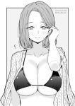  1girl bikini bikini_top_only breasts collarbone commentary_request dated grey_background greyscale highres kichihachi large_breasts monochrome original short_hair simple_background solo swimsuit twitter_username two-tone_background white_background 
