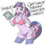  2017 anthro anthrofied book bra breasts clothing collarbone cutie_mark english_text equid equine eyelashes female flutterthrash friendship_is_magic hair hasbro holding_object horn mammal my_little_pony open_mouth panties purple_body purple_eyes purple_hair purple_tail signature simple_background small_breasts text twilight_sparkle_(mlp) underwear unicorn white_background 