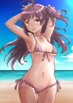  1girl ahoge arms_behind_head ass_visible_through_thighs beach bikini blue_sky breasts brown_bikini brown_eyes cloud commentary_request cowboy_shot day front-tie_top fuji_(pixiv24804665) hagikaze_(kancolle) highres horizon kantai_collection long_hair lowleg lowleg_bikini medium_breasts navel ocean one-piece_tan one_side_up outdoors polka_dot polka_dot_bikini purple_hair side-tie_bikini_bottom sky solo standing swimsuit tan tanlines thigh_gap 