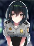  ! 1girl badge bangs black_hair black_skirt blurry blurry_background blush breasts character_name closed_mouth commentary_request grey_shirt highres indonesia looking_at_viewer name_tag original pale_skin patch pencil_skirt police police_badge police_uniform policewoman shirt short_hair short_sleeves silvia_dewi skirt solo tamarin_(sy1755) uniform upper_body 