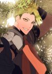  1boy achilles_(fate) armor black_gloves black_shirt commentary_request fate/apocrypha fate/grand_order fate_(series) gloves green_hair komona looking_at_viewer looking_to_the_side male_focus shirt short_hair short_sleeves shoulder_armor smile solo teeth tree upper_body yellow_eyes 