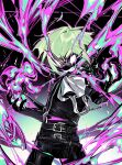  1boy aqua_fire belt black_gloves clenched_teeth crying crying_with_eyes_open fire flame gloves green_hair hair_between_eyes highres ierotak light_green_hair lio_fotia male_focus no_pupils promare purple_fire pyrokinesis solo tears teeth twitter_username 