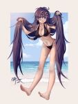  1girl absurdres alternate_costume alternate_eye_color alternate_hair_color bangs barefoot beach bikini bing_(01969) black_bikini blush bow breasts chinese_commentary cleavage commentary_request expressionless eyewear_on_head full_body hair_between_eyes hair_bow highres holding holding_hair horizon large_breasts long_hair ocean open_mouth purple_eyes purple_hair round_eyewear sand signature soles solo sunglasses swimsuit touhou water yorigami_shion 