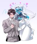  1boy 1girl annoyed arm_at_side black_skin blue_eyes blue_hair blue_nails blush bow bowtie breasts bridal_veil brown_hair cleavage colored_skin demon_girl dress flower formal genderswap genderswap_(mtf) grey_jacket grey_pants heart heart_tattoo highres husband_and_wife igarashi_ikki jacket jewelry kamen_rider kamen_rider_revice kus0dekababu long_hair multicolored_hair pants pointy_ears ring shirt streaked_hair suit suit_jacket tattoo tuxedo veil vice_(kamen_rider_revice) wedding_dress wedding_ring white_background white_bow white_bowtie white_hair white_shirt 