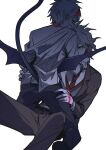  2boys absurdres ass bangs black_pants brown_jacket brown_pants collared_shirt danganronpa_(series) danganronpa_2:_goodbye_despair danganronpa_3_(anime) demon_boy demon_horns demon_tail demon_wings feet_out_of_frame from_behind green_vest grey_eyes grey_hair grey_shirt highres hinata_hajime hope&#039;s_peak_academy_school_uniform horns jacket kneeling komaeda_nagito lying male_focus multiple_boys necktie off_shoulder on_back open_clothes open_jacket pants pointy_ears red_eyes red_horns red_necktie school_uniform shirt short_hair tail vest wings yaoi ziling 