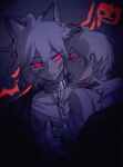  2boys ahoge bare_shoulders chain chained collar collarbone danganronpa_(series) danganronpa_another_episode:_ultra_despair_girls fangs glowing glowing_eyes hand_up highres jacket komaeda_nagito looking_at_another male_focus medium_hair messy_hair metal_collar multiple_boys nail_polish open_clothes open_jacket open_mouth red_eyes red_nails shirt short_hair sideways_glance spot_color striped striped_shirt upper_body yaoi ziling 