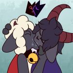 absurd_res anthro bodily_fluids bovid caprine cult_of_the_lamb duo goat goat_(cult_of_the_lamb) hi_res horn kissing lamb_(cult_of_the_lamb) male male/male mammal massive_monster_(studio) max_draws meme purple_crown_(cult_of_the_lamb) red_crown_(cult_of_the_lamb) saliva sheep side_view simple_background yoshi_and_toad_kissing