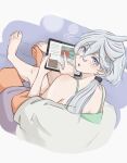  2girls absurdres barefoot camisole commentary_request female_pov green_camisole grey_eyes gundam gundam_suisei_no_majo highres holding holding_tablet_pc hug hug_from_behind long_hair looking_at_viewer miorine_rembran multiple_girls open_mouth otsunami pov purple_background shirt short_sleeves suletta_mercury tablet_pc toes two-tone_background white_background white_hair white_shirt yuri 
