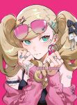  1girl absurdres artist_name bandaid bandaid_on_arm bare_shoulders bibi_booom blonde_hair blue_eyes bow bunching_hair chinese_commentary commentary_request cosmetics eyewear_on_head gyaru hair_bow hand_in_own_hair hands_up highres holding holding_own_hair lipstick_tube persona persona_5 pink-tinted_eyewear pink_background simple_background solo star_sticker sticker_on_face sunglasses takamaki_anne tinted_eyewear twintails twitter_username upper_body 
