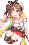  1girl atelier_(series) atelier_ryza atelier_ryza_1 belt beret blush boots bracelet breasts brown_belt brown_boots brown_eyes brown_gloves brown_hair camisole cleavage commentary_request detached_sleeves from_above gloves hair_ornament hairclip hat jacket jewelry large_breasts looking_at_viewer multiple_bracelets necklace niwata0 open_mouth red_shorts reisalin_stout short_shorts shorts simple_background single_glove sitting sleeveless sleeveless_jacket smile solo staff star_(symbol) star_necklace teeth thigh_boots toeless_legwear upper_teeth_only white_background white_camisole white_hat white_sleeves yellow_jacket 