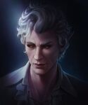 2024 absurd_res astarion_(baldur&#039;s_gate) baldur&#039;s_gate baldur&#039;s_gate_3 blue_background bust_portrait closed_smile clothed clothed_humanoid clothed_male clothing colored digital_media_(artwork) digital_painting_(artwork) elf english_description eyebrows eyelashes grey_eyebrows grey_hair hair hi_res humanoid humanoid_pointy_ears hybrid larian_studios light lighting lips male male_humanoid marie_gelebart mouth_closed neck_scar not_furry painting_(artwork) pink_lips pointy_ears portrait red_eyes shaded shirt simple_background smile solo tan_body tan_skin topwear vampire wavy_hair white_clothing white_shirt white_topwear