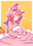  1girl :3 =_= absurdres alternate_costume animal_ears border closed_eyes collarbone commentary_request freely2327 gradient_background hair_down haru_urara_(umamusume) highres horse_ears horse_girl long_hair long_sleeves messy_hair outline pajamas pink_hair pink_shirt shirt sidelocks solo stuffed_carrot umamusume under_covers v-neck waking_up white_border white_outline yellow_background 