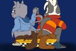 anthro blue_background blue_clothing blue_hoodie blue_topwear blush bottomwear bottomwear_down butt clothed clothing cougar crouching duo ear_piercing ear_stud feces feces_on_ground felid feline footwear fur gradient_background grey_body grey_eyes grey_fur hair hand_holding head_tuft hoodie litter_box litter_box_usage looking_at_another looking_away male male_pooping mammal mephitid narrowed_eyes odd_taxi pants pants_down partially_clothed piercing pooping pooping_on_floor pooping_together raised_tail red_clothing scatplay shit-tier-skunk shoes simple_background skunk smile tail teeth topwear tuft white_hair
