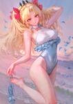 1girl absurdres aqua_sandals black_tiara blonde_hair bow breasts closed_mouth commentary covered_navel curtained_hair ereshkigal_(fate) fate/grand_order fate_(series) feet_out_of_frame frilled_one-piece_swimsuit frills hair_bow hand_in_own_hair highleg highleg_one-piece_swimsuit highres hjwhuhu holding holding_sandals leg_up long_hair looking_at_viewer medium_breasts o-ring o-ring_swimsuit one-piece_swimsuit orange_eyes outdoors parted_bangs red_bow sandals soles solo space_ereshkigal_(fate) space_ereshkigal_(first_ascension)_(fate) swimsuit tiara two-tone_one-piece_swimsuit unworn_sandals water_drop 