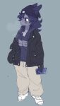 2024 anthro beanie blue_beanie blue_body blue_clothing blue_ears blue_eyebrows blue_fur blue_hair blue_hat blue_headwear blue_hoodie blue_topwear bodily_fluids bottomwear breasts button_(fastener) canid canine canis cellphone clothed clothed_anthro clothed_female clothing digital_media_(artwork) domestic_dog drawstring_hoodie electronics eyebrow_through_hair eyebrows female fingers footwear front_view full-length_portrait fully_clothed fully_clothed_anthro fully_clothed_female fur furgonomic_beanie furgonomic_hat furgonomic_headwear furgonomics hair hand_in_pocket hat headgear headwear hi_res holding_cellphone holding_object holding_phone holding_smartphone hoodie jacket khaki_pants mammal mini_(puppy_in_space) mouth_closed pants phone pockets portrait puppy_in_space shoes simple_background smartphone solo sweat sweatdrop topwear translucent translucent_hair white_clothing white_footwear white_sclera white_shoes