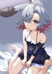  1girl animal_ears assassin_rabbit barefoot black_dress blue_eyes blush breasts closed_mouth colored_tips dress expressionless full_body grey_background grey_hair hair_between_eyes hashtag-only_commentary highres looking_at_viewer multicolored_hair rabbit_and_steel rabbit_ears rabbit_girl red_hair short_hair sitting sleeveless sleeveless_dress small_breasts solo umagenzin wariza 