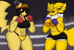 2025 abs anthro black_hair black_sclera bottomwear boxing_gloves breasts clothed clothing digital_media_(artwork) duo eyelashes female fighting_ring hair handwear hat headgear headwear hi_res hotpants isaiahtse muscular muscular_female nintendo pokemon pokemon_(species) shirt shorts sleeveless_clothing tail tank_top topwear yellow_body