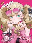  1girl absurdres bandaid bandaid_on_arm bibi_booom blonde_hair blue_eyes bow bunching_hair character_name chinese_commentary commentary_request cosmetics eyewear_on_head gyaru hair_bow hand_in_own_hair hands_up highres holding holding_own_hair lipstick_tube persona persona_5 pink-tinted_eyewear pink_background simple_background solo star_sticker sticker_on_face sunglasses takamaki_anne tinted_eyewear twintails upper_body 