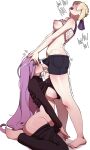  2girls absurdres ahegao artoria_pendragon_(fate) barefoot black_pants black_shirt blonde_hair blue_nails blue_ribbon blue_shorts blush breasts breasts_out bun_with_braided_base clothed_sex clothes_lift euvooo fate/stay_night fate_(series) fellatio full-face_blush futa_with_female futanari highres long_hair loving_aura medusa_(fate) medusa_(rider)_(fate) moaning multiple_girls nail_polish nipples obscured_eyes open_fly oral pants partially_undressed puffy_nipples purple_hair ribbon saber_(fate) saliva shaking shirt shirt_lift short_hair shorts slurping squinting sweat very_long_hair white_shirt 