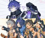 39_iduki 5boys :d :o ahoge ancient_egyptian_clothes animal_ear_fluff animal_ears animal_hat antenna_hair arm_tattoo artist_name bat_ears black_choker black_coat black_gloves black_hat black_shirt blue_eyes blue_hair blue_scarf brown_coat brown_gloves brown_hair brown_shirt choker clenched_hands closed_mouth coat commentary_request crop_top crossed_bangs cyno_(genshin_impact) dark-skinned_male dark_skin duplicate earrings emphasis_lines facial_mark fake_animal_ears fingerless_gloves flins_(genshin_impact) gaijin_4koma_(meme) genshin_impact gloves gold_trim green_eyes grey_hair hair_between_eyes hair_intakes hair_over_one_eye hand_tattoo hand_up hands_up hat highres holding holding_lantern hood hood_up hooded_coat index_finger_raised jackal_ears jewelry lantern leather long_hair looking_at_viewer low_ponytail male_focus medium_hair meme multicolored_hair multiple_boys necklace open_mouth ororon_(genshin_impact) pale_skin pointing ponytail purple_hair razor_(genshin_impact) red_eyes scar scar_on_cheek scar_on_face scarf sethos_(genshin_impact) shirt short_sleeves sleeveless sleeveless_shirt smile streaked_hair swept_bangs tattoo teeth upper_body upper_teeth_only usekh_collar watermark white_background white_hair white_shirt yellow_eyes 