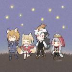  2boys 2girls animal_ears artist_name ayawo bird_nest black_hair black_pants blonde_hair brown_eyes brown_hair chibi closed_mouth egg father_and_daughter fire_emblem fire_emblem_heroes fire_emblem_if flannel_(fire_emblem_if) fox_ears fox_tail grey_hair hair_ornament hood hood_up japanese_clothes kinu_(fire_emblem_if) leg_up long_hair long_sleeves multicolored_hair multiple_boys multiple_girls nintendo nishiki_(fire_emblem_if) open_mouth outstretched_arms pants red_eyes scarf short_hair smile spread_arms streaked_hair stuffed_animal stuffed_toy tail teddy_bear velour_(fire_emblem_if) white_hair wolf_ears wolf_tail 