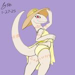 1:1 2025 5_fingers absurd_res albino anthro arm_tattoo big_tail biped blush butt clothed clothed_anthro clothed_female clothing clothing_lift crusch_lulu cute_fangs dated digital_drawing_(artwork) digital_media_(artwork) dress dress_lift eyelashes fangs female female_anthro fingers flat_chested flat_colors flower flower_on_hat frilly frilly_clothing frilly_panties frilly_underwear fully_clothed furgonomic_underwear furgonomics hat headgear headwear hi_res humanoid_hands leg_tattoo lizard lizardman lizardman_(overlord) long_neck long_tail looking_at_viewer looking_back looking_back_at_viewer monotone_body neck_tattoo orange_tattoo overlord_(series) panties pinup plant portrait pose purple_background raised_tail rear_view red_eyes reptile scalie signature simple_background sketchbook_(artwork) smile smiling_at_viewer snout solo spe sun_hat sundress tail tail_dimple tail_tattoo tapering_tail tattoo teeth thick_tail thick_thighs thigh_tattoo three-quarter_portrait three-quarter_view tribal tribal_tattoo underwear white_body yellow_clothing yellow_dress yellow_panties yellow_underwear