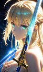  1girl ai-generated artoria_pendragon_(fate) blonde_hair breasts censored excalibur_(fate/stay_night) fate/extra fate/grand_order fate/stay_night fate_(series) green_eyes highres lily_white medium_breasts non-web_source saber_(fate) saber_(honkai:_star_rail)_(fate) space_print star_(sky) starry_sky_print sword thighhighs weapon white_thighhighs 