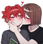  1boy 1girl 7a_(se7ena) black_shirt blush brown_hair closed_eyes closed_mouth commentary_request double-parted_bangs grey_shirt hair_between_eyes hand_on_another&#039;s_cheek hand_on_another&#039;s_face hand_up heart hetero highres jewelry kiss kissing_cheek looking_at_another one_eye_closed original parted_bangs red_hair ring shirt short_hair short_sleeves simple_background t-shirt white_background yellow_eyes 