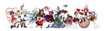  6+girls absurdres ahoge animal_ears antenna_hair apron aqua_hair arms_behind_head arrow_(symbol) arrow_print aura bamboo barefoot belt biwa_lute black_belt black_boots black_dress black_eyes black_hair black_hat black_neckerchief black_pantyhose black_shirt black_shoes black_skirt black_vest blonde_hair blue_bow blue_bowtie blue_dress blue_eyes blue_hair blue_ribbon boots bow bowl bowl_hat bowtie braid breasts broom brown_boots brown_hair brown_sandals buttons cape chain chained chained_wrists checkered_clothes checkered_skirt chest_jewel cirno closed_eyes closed_mouth collar collared_cape collared_dress collared_jacket collared_shirt cross-laced_clothes crossed_legs dark_aura demon_horns detached_sleeves double_dealing_character dress drill_hair drum drum_set drumsticks fairy fighting_stance finger_to_cheek fingernails fins fire fish_tail floating floating_head floating_object floating_weapon flower flower_hairpin frilled_apron frilled_dress frilled_hair_tubes frilled_hat frilled_kimono frilled_ribbon frilled_shirt frilled_shirt_collar frilled_skirt frilled_sleeves frills gem gohei green_kimono green_ribbon hair_ornament hair_ribbon hair_tubes hairband hakurei_reimu hand_up hands_up hat hat_ornament hat_ribbon head_fins headdress height_difference highres holding holding_broom holding_drumsticks holding_instrument holding_knife holding_lute holding_mallet holding_needle holding_sewing_needle holding_weapon horikawa_raiko horns ice ice_wings imaizumi_kagerou instrument izayoi_sakuya jacket japanese_clothes jewelry juliet_sleeves kijin_seija kimono kirisame_marisa knife lace lace-trimmed_dress lace-up_boots lace_trim large_ribbon layered_dress leaf leaf_hair_ornament leaf_on_head long_hair long_sleeves looking_at_viewer lute_(instrument) maid maid_apron maid_headdress mallet mallet_(instrument) medium_hair mermaid miko mini-hakkero mini_person minigirl miracle_mallet mitsudomoe_(shape) monster_girl multicolored_dress multicolored_hair multiple_girls multiple_heads music musical_note neckerchief necktie needle night night_sky nontraditional_miko obi off-shoulder_dress off_shoulder on_rock open_hand open_mouth outstretched_arm pantyhose parted_bangs pink_hairband playing_instrument pleated_skirt ponytail print_dress puffy_long_sleeves puffy_short_sleeves puffy_sleeves purple_collar purple_hair purple_necktie purple_ribbon red_bow red_bowtie red_brooch red_cape red_dress red_eyes red_hair red_kimono red_ribbon red_shoes red_skirt red_streaks red_vest ribbon ribbon_braid rock rod sandals sash sekibanki sewing_needle sharp_fingernails shirt shoes short_hair short_sleeves sidelocks simple_background singing single_braid sitting sitting_on_drum sitting_on_object skirt sky sleeveless smile socks spoken_musical_note standing standing_on_one_leg star_(sky) starry_sky streaked_hair string sukuna_shinmyoumaru taiko_drum tail teeth tomoe_(symbol) touhou tsukumo_benben tsukumo_yatsuhashi twin_braids twin_drills upside-down vest waist_apron waist_ribbon wakasagihime water waves wavy_hair weapon werewolf white_apron white_background white_dress white_hair white_headdress white_horns white_jacket white_ribbon white_shirt white_skirt white_sleeves white_socks wide_sleeves wings witch witch_hat wolf_ears wolf_girl wrist_cuffs yellow_dress yellow_eyes yellow_neckerchief yoiy_san 