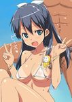  1girl armpit_sex bikini_tan black_hair blue_background blue_eyes blush bow breasts censored character_censor clothed_female_nude_male doraemon dorami double_v fang ganaha_hibiki hair_bow hetero idolmaster idolmaster_(classic) long_hair male_pubic_hair medium_breasts navel nipples novelty_censor nude open_mouth penis pubic_hair see-through simple_background sitting solo_focus sweat takayaki tan tanline v 