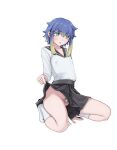  1boy absurdres androgynous black_sailor_collar black_skirt blonde_hair blue_hair bright_pupils chastity_belt clothes_lift commentary_request cookie_(touhou) covered_nipples crossdressing full_body green_eyes highres large_variant_set long_sleeves looking_at_another male_focus multicolored_hair nari-14 no_panties open_mouth penis sailor_collar school_uniform serafuku shiriri_(cookie) shirt short_hair sidelocks simple_background skirt skirt_lift socks solo squatting testicles two-tone_hair uncensored variant_set white_background white_pupils white_shirt white_socks 