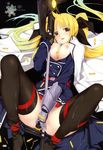 absurdres bardiche blonde_hair breasts cum fate_testarossa highres large_breasts long_hair lyrical_nanoha mahou_shoujo_lyrical_nanoha_strikers mikazuki_akira! nipples open_clothes open_shirt shirt solo thighhighs twintails 