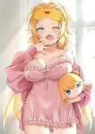  1girl absurdres akai_haato alternate_costume backlighting blonde_hair blue_eyes blush breasts character_doll character_mask cleavage cowboy_shot curvy doll fang frilled_nightgown haaton_(akai_haato) highres holding holding_doll hololive jacket large_breasts light_particles long_hair looking_at_viewer makinan mask mask_on_head messy_hair nightgown one_eye_closed open_mouth pajamas pink_jacket pink_nightgown side_slit single_bare_shoulder skin_fang sleep_mask sleepwear solo spaghetti_strap very_long_hair virtual_youtuber window yawning 