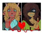  1girl 1other alternate_skin_color animal_ears audieaudieaudie black_hoodie blonde_hair brown_hair collared_shirt commentary deer_ears deer_girl deltarune english_commentary furry furry_female grey_eyes heart hood hoodie jewelry kris_(deltarune) noelle_(genshin_impact) partially_shaded_face pixel_heart red_eyes ring shirt short_hair soul_(deltarune) string string_of_fate sweater tears thorn_ring_(deltarune) utdr_(toby_fox) weird_route_(deltarune) white_shirt 