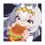  1girl animal_ears blue_eyes burger ear_ornament eating food grey_hair hair_between_eyes hair_ornament highres holding holding_burger holding_food horse_ears horse_girl light_blush long_hair oguri_cap_(umamusume) solo umamusume waonaolmao 