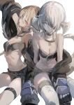  2girls :p absurdres au_ra bandeau bare_shoulders belt black_bandeau black_shorts blonde_hair blue_eyes breasts choker cleavage dragon_girl dragon_horns dragon_tail final_fantasy final_fantasy_xiv fur-trimmed_jacket fur_trim grey_hair hair_over_one_eye highres horns jacket looking_at_viewer multiple_girls navel open_clothes open_jacket scales shikina_(mochigushi_) short_hair shorts signature sitting tail thigh_belt thigh_strap thighhighs tongue tongue_out warrior_of_light_(ff14) white_thighhighs 