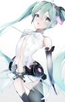  1girl ahoge arm_tattoo bare_shoulders belt black_thighhighs blue_eyes breasts bridal_gauntlets center_opening clothing_cutout commentary cowboy_shot elbow_gloves english_commentary gloves green_hair hair_between_eyes hair_ornament hatsune_miku hatsune_miku_(append) high_collar highres hip_gear ketyara long_hair looking_at_viewer navel necktie number_tattoo open_mouth parted_lips shirt sidelocks simple_background sleeveless small_breasts solo standing tattoo thighhighs twintails very_long_hair vocaloid vocaloid_append white_background 
