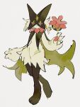  :3 animal_focus cat closed_mouth flower flower_trick_(pokemon) full_body furry green_fur highres looking_at_viewer mask meowscarada n29670007 no_humans pokemon pokemon_(creature) pokemon_focus red_eyes simple_background smile solo two-tone_fur white_background 