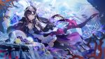  1girl arm_support asymmetrical_gloves black_dress black_gloves black_hair black_thighhighs blue_eyes breasts cherry cleavage dress floating_hair food fruit gloves grapes highres honkai:_star_rail honkai_(series) hysilens_(honkai:_star_rail) lemon lemon_slice long_hair long_sleeves looking_at_viewer lying mismatched_gloves multicolored_hair parted_lips red_gloves solo thighhighs very_long_hair zuozhan_xing59 