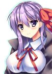  1girl bangs bb_(fate)_(all) bb_(fate/extra_ccc) black_jacket breasts commentary_request eyebrows_visible_through_hair face fate/extra fate/extra_ccc fate/grand_order fate_(series) hair_between_eyes hair_ribbon jacket large_breasts long_hair purple_eyes purple_hair red_ribbon ribbon ryokushiki_(midori-ya) shiny shiny_hair shirt sidelocks simple_background solo white_shirt 